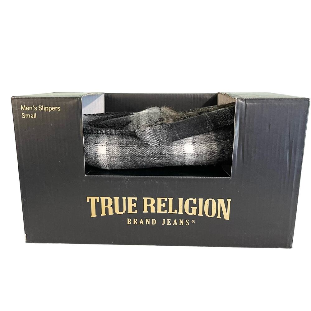 True Religion Brand Jeans Black & Gray Fur Lined Men's Slippers Small Size 7/8